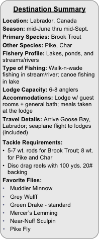 
Destination Summary

Location: Labrador, Canada
Season: mid-June thru mid-Sept.  
Primary Species: Brook TroutOther Species: Pike, Char
Fishery Profile: Lakes, ponds, and streams/rivers
Type of Fishing: Walk-n-wade fishing in stream/river; canoe fishing in lake
Lodge Capacity: 6-8 anglers
Accommodations: Lodge w/ guest rooms + general bath; meals taken at the lodge
Travel Details: Arrive Goose Bay, Labrador; seaplane flight to lodges (included) 

Tackle Requirements:
5-7 wt. rods for Brook Trout; 8 wt. for Pike and Char
Disc drag reels with 100 yds. 20# backing
Favorite Flies:
Muddler Minnow
Grey Wulff
Green Drake - standard
Mercer’s Lemming
Near-Nuff Sculpin
Pike Fly