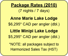 Package Rates (2010)
(7 nights / 7 days)


Anne Marie Lake Lodge
$6,295* CAD per angler (dbl.)

Little Minipi Lake Lodge
$5,295* CAD per angler (dbl.)


*NOTE: all packages subject to Harmonized Sales Tax (HST)